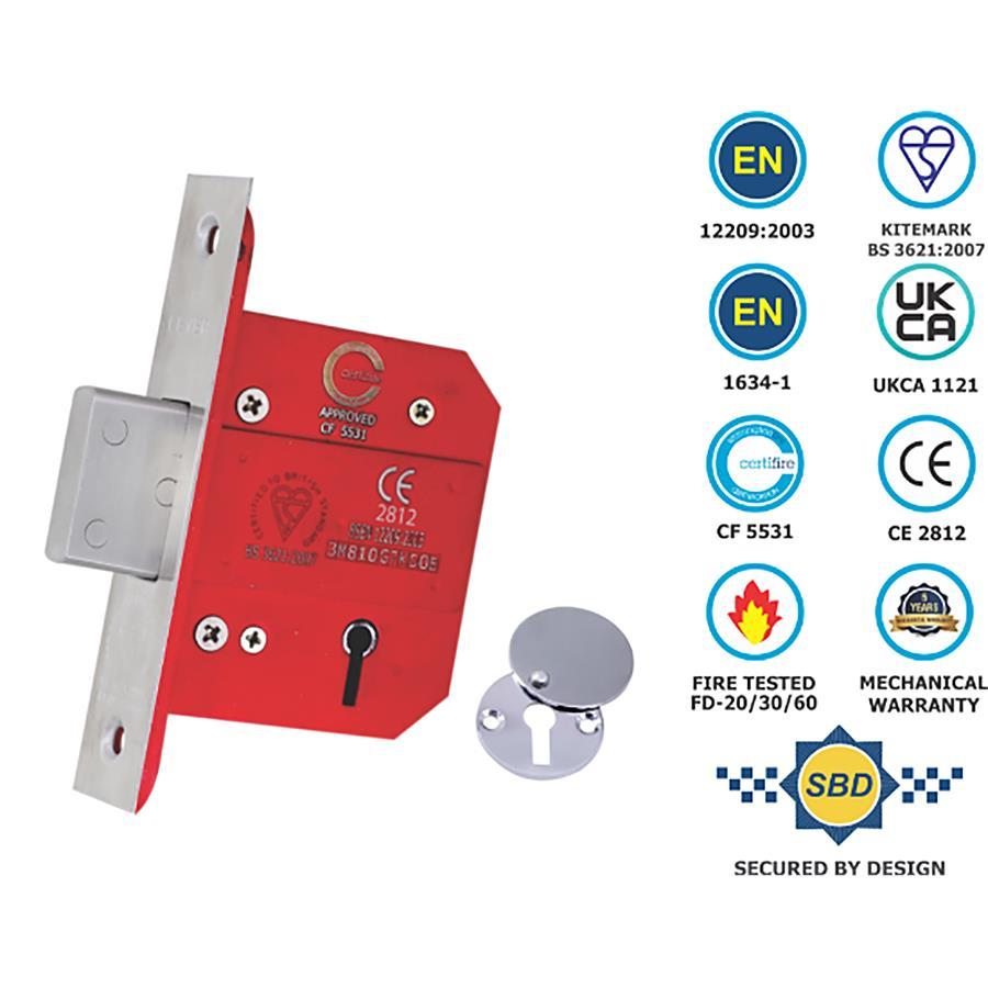 Sichern 5 Lever Deadlock BS3621 CE Certifire 76mm Satin Stainless